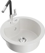 Mexen Diego granitový jednokomorový drez s kuchynskou batériou Flora, Biela - 6512-20-670401-07