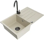 Mexen Bruno, 1-komorový granitový drez s odkvapkávačom 795x495x200 mm a čierna kuchynská batéria Telma, béžová, 6513-69-670200-70