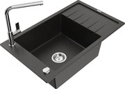 Mexen Elias granitový jednokomorový drez s odkvapkávačom a kuchynskou batériou Flora, Čierna/Zlatá metalíza - 6511-75-670401-00