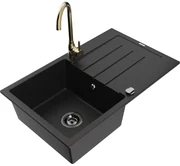 Mexen Bruno, 1-komorový granitový drez s odkvapkávačom 795x495x200 mm a zlatá kuchynská batéria Telma, čierna, 6513-77-670200-50-B