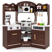 Drevená rohová kuchynka na hranie so zvukom, svetlom a kávovarom a šmýkačkou v kuchynke pre batoľatá hnedá