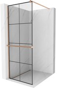 Mexen Kioto+, sprchová zástena Walk-In s poličkou a vešiakom 70 x 200 cm, 8mm číre sklo čierny vzor, medený matný profil, 800-070-121-65-77