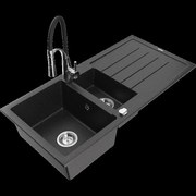 Mexen Andres granitový 1,5-komorový drez s odkvapkávačom a kuchynskou batériou Aster, Čierna/Strieborná metalíza - 6515-73-73450