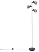Art Deco stojaca lampa čierna 3-svetlo s dymovým sklom - Vidro