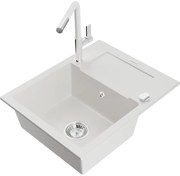 Mexen Enzo, 1-komorový granitový drez 576x465x174 mm a drezová batéria Flora, biela, 6506-20-670401-02