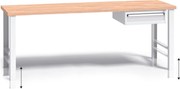 Výškovo nastaviteľný pracovný stôl do dielne G3 so závesným boxom na náradie, buková škárovka, 1 zásuvka, 2000 x 685 x 840 - 1050 mm, sivá
