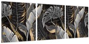 Obraz - Tropické listy v čierno-zlatej (s hodinami) (90x30 cm)