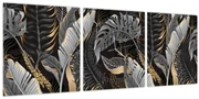 Obraz - Tropické listy v čierno-zlatej (s hodinami) (90x30 cm)