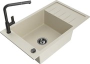 Mexen Elias granitový jednokomorový drez s odkvapkávačom a kuchynskou batériou Flora, Béžová - 6511-69-670401-70-B