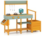 Detská kuchynka s kvetináčom a mriežkou, vonkajšia detská kuchynka s vodným prvkom, žltá + svetlozelená