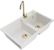Mexen Tomas, granitový drez 800x500x190 mm, 2-komorový a zlatá batéria Telma, biela, 6516-20-670200-50