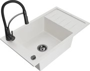 Mexen Elias granitový jednokomorový drez s odkvapkávačom a kuchynskou batériou Aster, Biela - 6511-20-73450-70-B