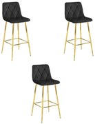 Set troch barových stoličiek NADO zamatové čierne (zlaté nohy) 3 ks