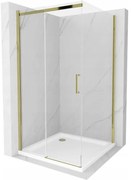 Mexen Omega, sprchovací kút s posuvnými dverami 100 (dvere) x 100 (stena) cm, 8mm číre sklo, zlatý profil + slim sprchová vanička 5cm, 825-100-100-50-00-4010