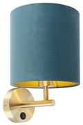 Elegantná nástenná lampa zlatá s modrým zamatovým tienidlom - Matt