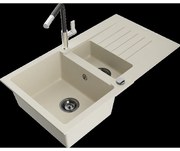 Mexen Matias granitový 1,5-komorový drez s odkvapkávačom a kuchynskou batériou Flora, Béžová - 6502-69-670401-07-B