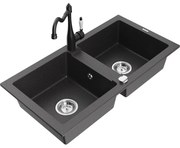 Mexen Mario, granitový drez 820x436x161 mm, 2-komorový a drezová batéria Carla, čierna škvrnitá, 6504-76-670700-70