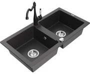 Mexen Mario, granitový drez 820x436x161 mm, 2-komorový a drezová batéria Carla, čierna škvrnitá, 6504-76-670700-70