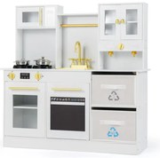 Detská kuchynka na hranie Drevená kuchynka na hranie s varičom Zvuk a svetlo Kávovar Vodovodná batéria a kuchynský riad Biela