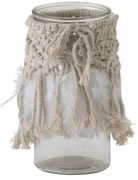 Sklenený svietnik Macrae na čajovú sviečku s béžovými povrázky a peříčky- Ø 10 * 20 cm
