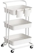 Mobilný vozík na kolieskach s 3 úložnými policami, s rukoväťou, biely