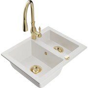Mexen Carlos, 1,5-komorový granitový drez 582x475x177 mm a drezová batéria Savita, biela, 6518-20-672601-50