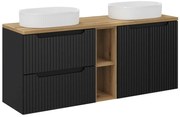 Závěsná skříňka Nova Black s deskou a umyvadly 140 cm černá/dub evoke