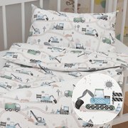 Biante Detské bavlnené posteľné obliečky do postieľky Sandra SA-687 Modro-zelené autá a bagre na bielom Do postieľky 90x140 a 40x60 cm