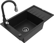 Mexen Elias granitový jednokomorový drez s odkvapkávačom a kuchynskou batériou Savita, Čierna - 6511-77-672601-70-B