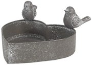 Šedý plechový kvetináč v tvare srdca s vtáčikmi - 14*12*7 cm