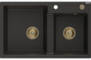Mexen Tomas, granitový drez 800x500x190 mm, 2-komorový, čierna-zlatá metalíza so zlatým sifónom, 6516802000-75-G