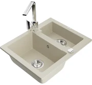 Mexen Carlos, 1,5-komorový granitový drez s odkvapkávačom 582x475x177 mm a chrómová kuchynská batéria Rita, béžová, 6518-69-670300-00