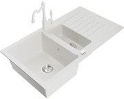 Mexen Matias, granitový drez 900x505x200 mm, 1,5-komorový a drezová batéria Carla, biela, 6502-20-670700-20