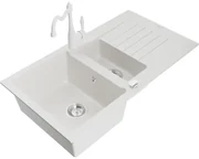 Mexen Matias, granitový drez 900x505x200 mm, 1,5-komorový a drezová batéria Carla, biela, 6502-20-670700-20