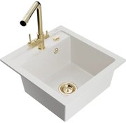 Mexen Vito, 1-komorový granitový drez 520x490x210 mm, zlatá batéria Duero, biela, 6503-20-671600-50
