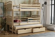 Detská poschodová posteľ z masívu borovice EMA s prístelkou a šuplíkmi - 200x90 cm - PRÍRODNÁ BOROVICA