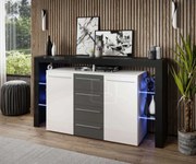 KOMODA ELIS LED ČIERNO BIELA ŠEDÉ ZÁSUVKY VYSOKÝ LESK 170 cm