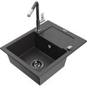 Mexen Enzo, 1-komorový granitový drez 576x465x174 mm a drezová batéria Flora, čierna škvrnitá, 6506-76-670401-08-B