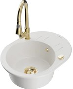 Mexen Kevin, 1-komorový granitový drez 586x458x190 mm a drezová batéria Elia, biela, 6517-20-670101-50