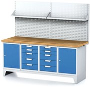 Alfa 3 Dielenský stôl MECHANIC I, perforovaný panel, polica, 2 skrinky a 2 zásuvkové boxy na náradie, 10 zásuviek, 2000x685x880 mm, modré dvere