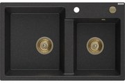 Mexen Tomas, granitový drez 800x500x190 mm, 2-komorový, čierna-strieborná metalíza so zlatým sifónom, 6516802000-73-G