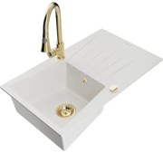 Mexen Cesar, 1-komorový granitový drez 775x470x190 mm a drezová batéria Elia, biela, 6514-20-670101-50