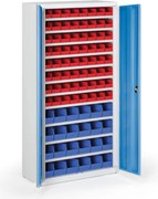 Skriňa s plastovými boxami BASIC - 1800 x 400 x 920 mm, 64xA/24xB, sivá/modré dvere