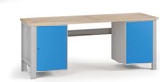 Dielenský pracovný stôl G7, buková škárovka, 2100 x 685 x 840 mm, 2x skrinka, modrá