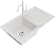 Mexen Pablo, granitový drez 752x436x161 mm, 1-komorový a drezová batéria Carla, biela, 6510-20-670700-20