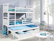 Detská poschodová posteľ z masívu borovice JAKUB III s prístelkou a šuplíky - 200x90 cm - biela