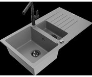 Mexen Matias granitový 1,5-komorový drez s odkvapkávačom a kuchynskou batériou Flora, Šedá - 6502-71-670401-70-B