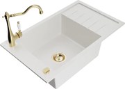 Mexen Elias granitový jednokomorový drez s odkvapkávačom a kuchynskou batériou Carla, Biela - 6511-20-670700-50