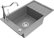 Mexen Elias granitový jednokomorový drez s odkvapkávačom a kuchynskou batériou Carla, Šedá - 6511-71-670700-00