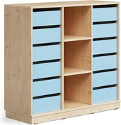 Úložná skrinka CASPER, 12 zásuviek, 3 priehradky, so soklom, breza/sky blue